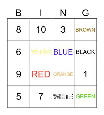 Colors & Numbers Bingo Card