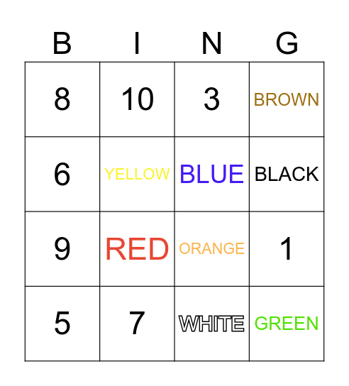 Colors & Numbers Bingo Card