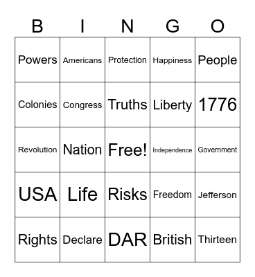 Declaration of Independence Bingo Card