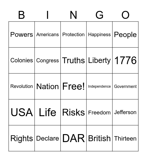 Declaration of Independence Bingo Card