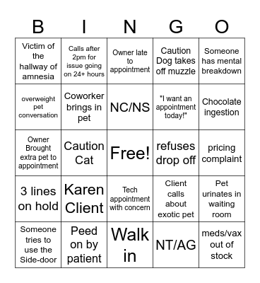Veterinary Hospital Bingo Card