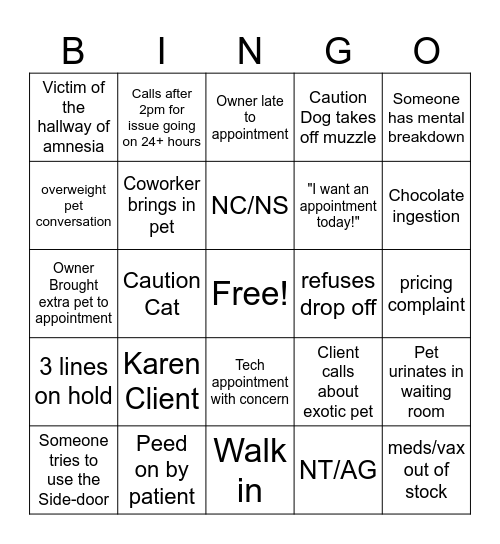 Veterinary Hospital Bingo Card