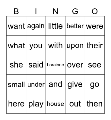 High Frequency Words Bingo Card