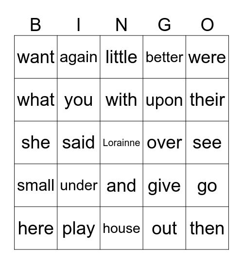 High Frequency Words Bingo Card