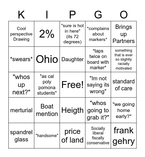 Kip Bingo (10/30) Bingo Card