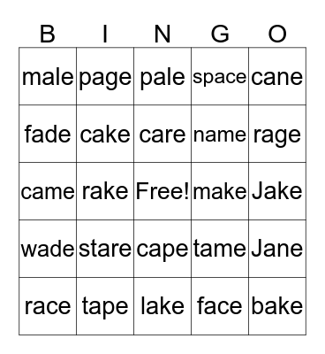 silent e bingo Card