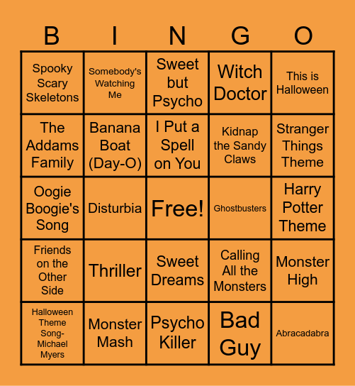 Halloween Music Bingo Card
