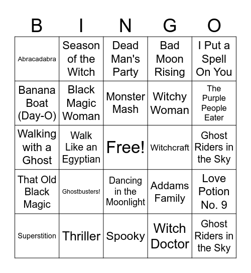 Halloween Song Bingo Card