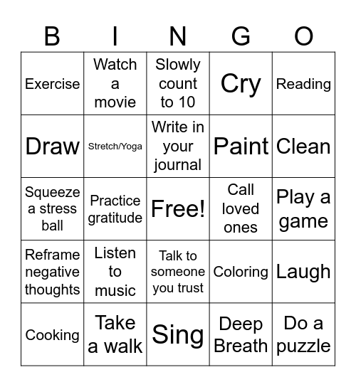 Coping Skills Bingo Card