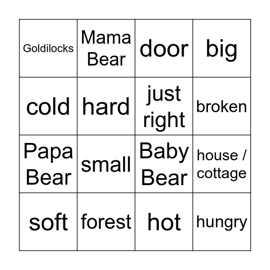 Goldilocks and the three bears Bingo Card