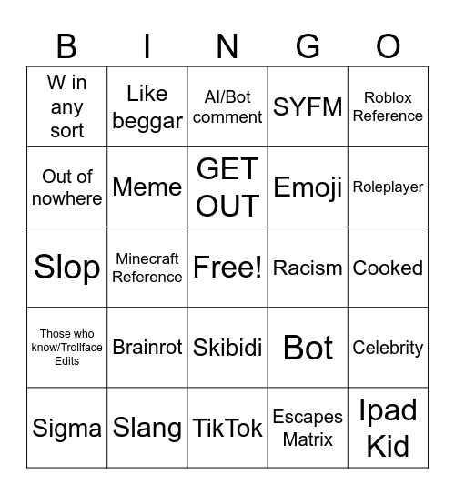 YT Comments Bingo Card