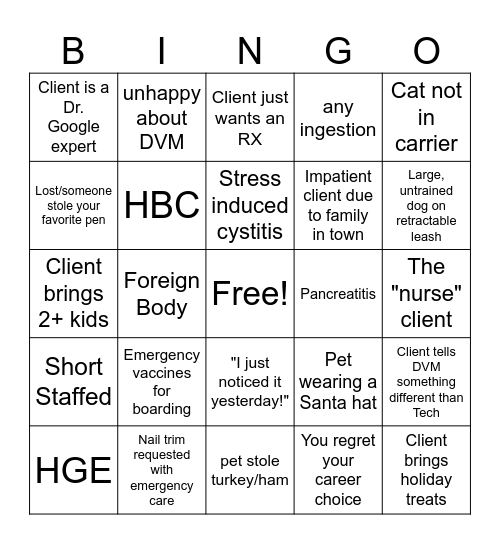 Holiday Veterinary Bingo! Bingo Card