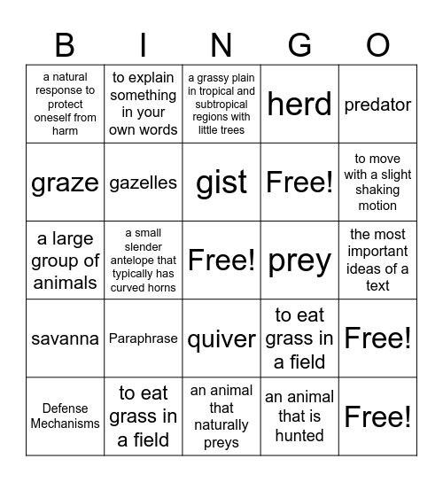 Vocabulary Bingo Card