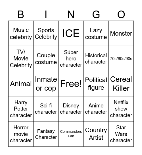 Halloween Costumes Bingo Card