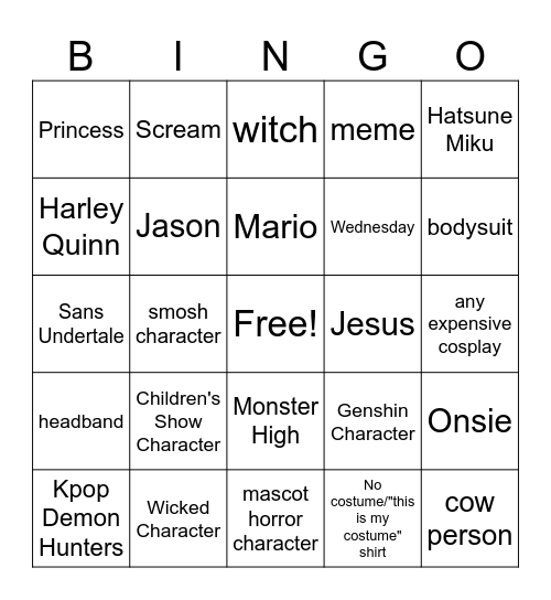 Halloween Costume Bingo Card