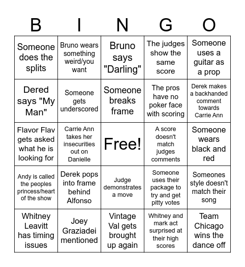 Dancing with the stars rock and roll night Bingo Card