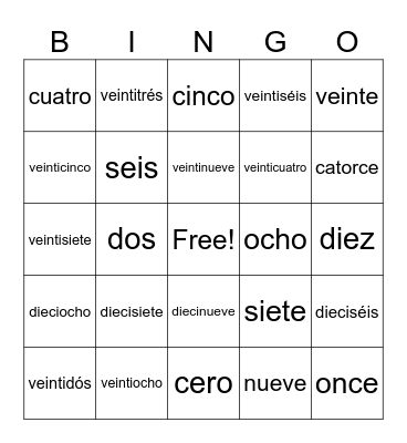 Spanish Numbers 0-30 Bingo Card