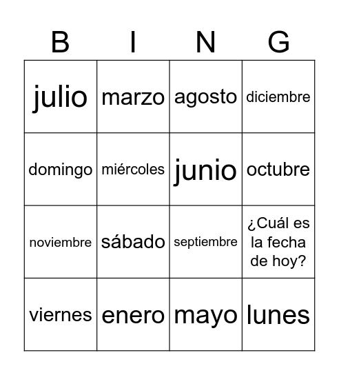 Spanish Days and Months Bingo Card