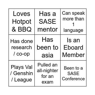 SASE Bingo Card