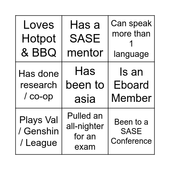 SASE Bingo Card