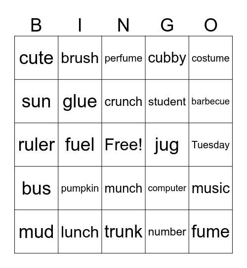 Short and Long u Bingo Card