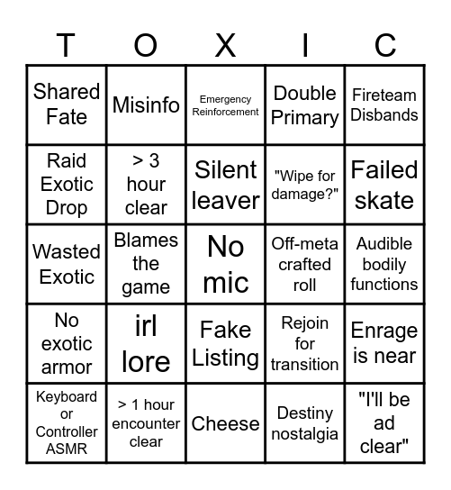 Destiny 2 raid lfg Bingo Card