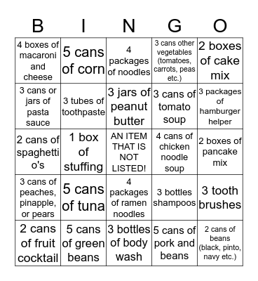 Canned Food Drive 16 Bingo Card