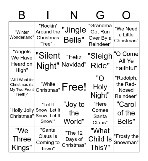 Holiday Songs Bingo Card