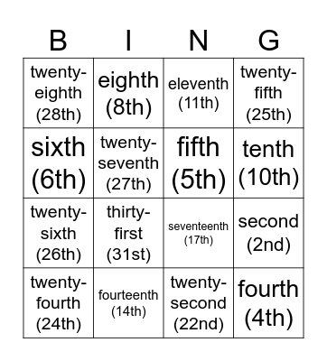 Ordinal Numbers Bingo Card