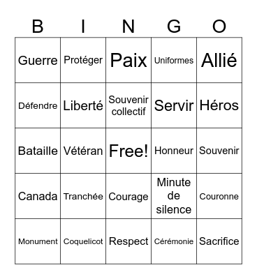 Jour du souvenir Bingo Card