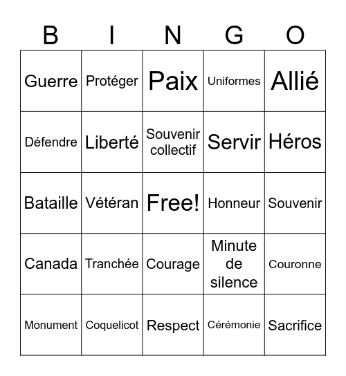 Jour du souvenir Bingo Card