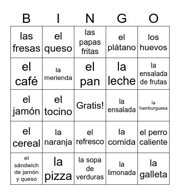 La comida Bingo Card