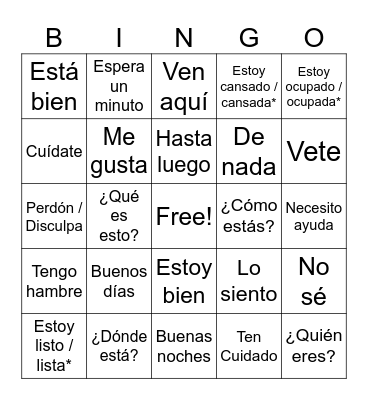 Intro to Spanish Bingo Card