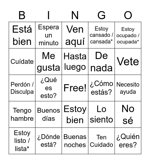 Intro to Spanish Bingo Card
