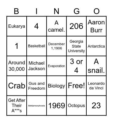 Academic/School Trivia Bingo Card