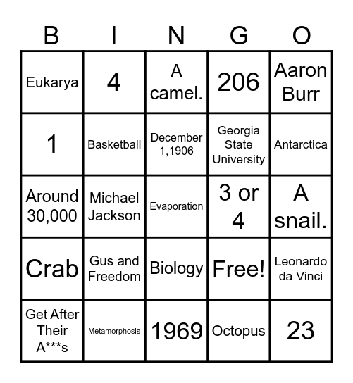 Academic/School Trivia Bingo Card