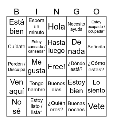 Intro to Spanish Bingo Card