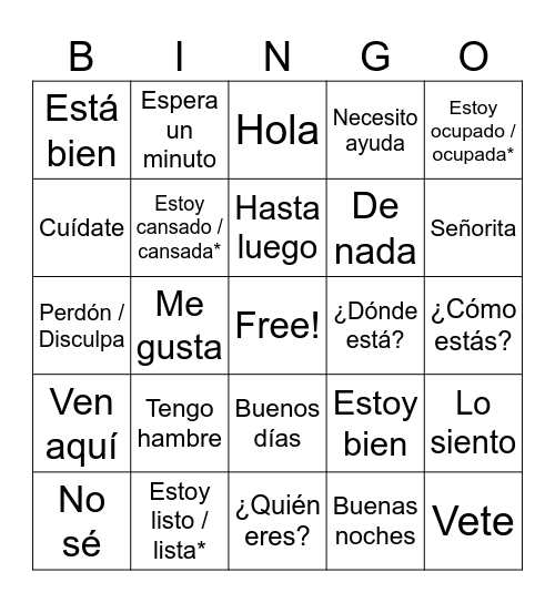 Intro to Spanish Bingo Card