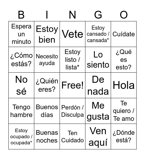 Intro to Spanish Bingo Card