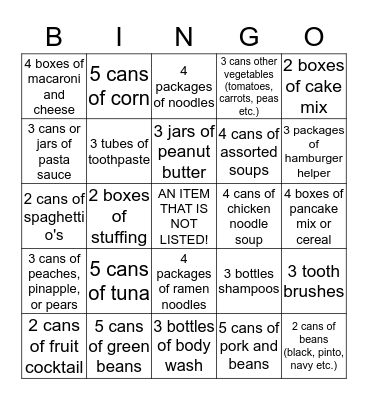 Canned Food Drive 16 Bingo Card