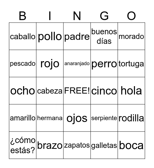 Español Bingo #2 Bingo Card