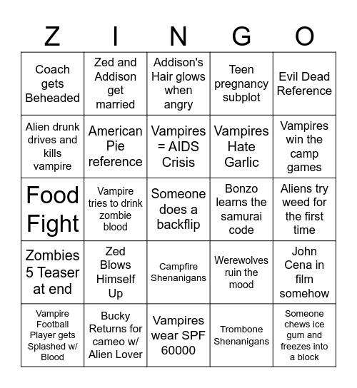 Zombie Zingo Bingo Card