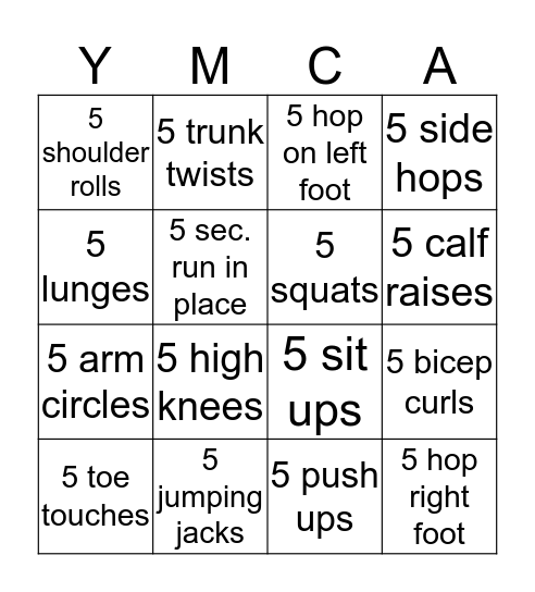 YMCA Bingo Card