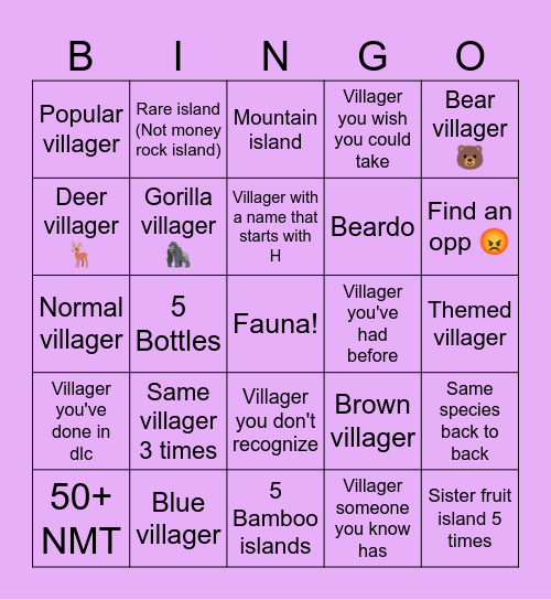ACNH Villager Hunt 2 Bingo Card