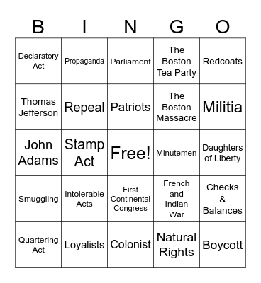 US I: Unit 2 Bingo Card