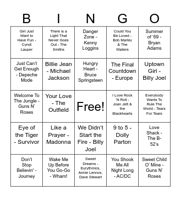 80's Music Bingo Card
