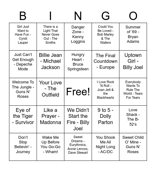 80's Music Bingo Card