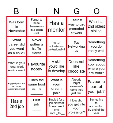Speed Networking Bingo Card