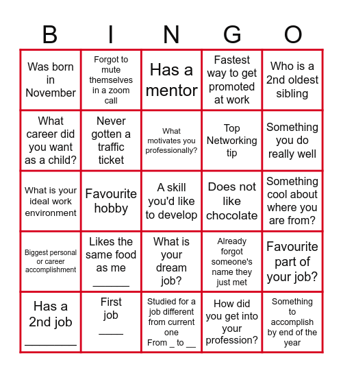 Speed Networking Bingo Card