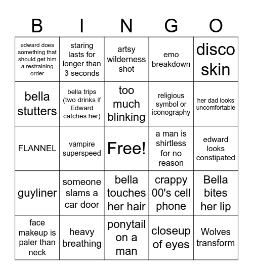 Twilight Drinking Game Bingo Card